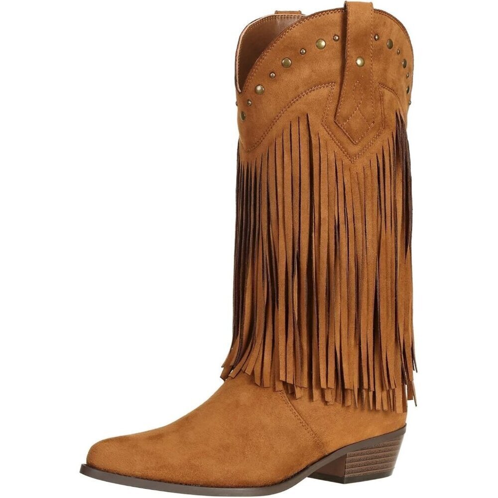 SheSole Women Brown Faux Suede Cowgirl Cowboy Boots Block Heel Western Shoes - Picture 1 of 9